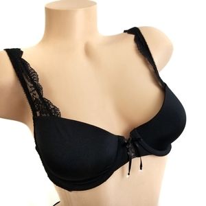 VS Lined Demi Black Lace Up Scallop Straps Bra 32D